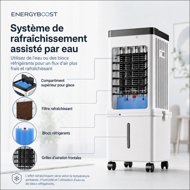 Rafraîchisseur d’air portable W2 | Réservoir 15 L, flux d’air à 90°, télécommande