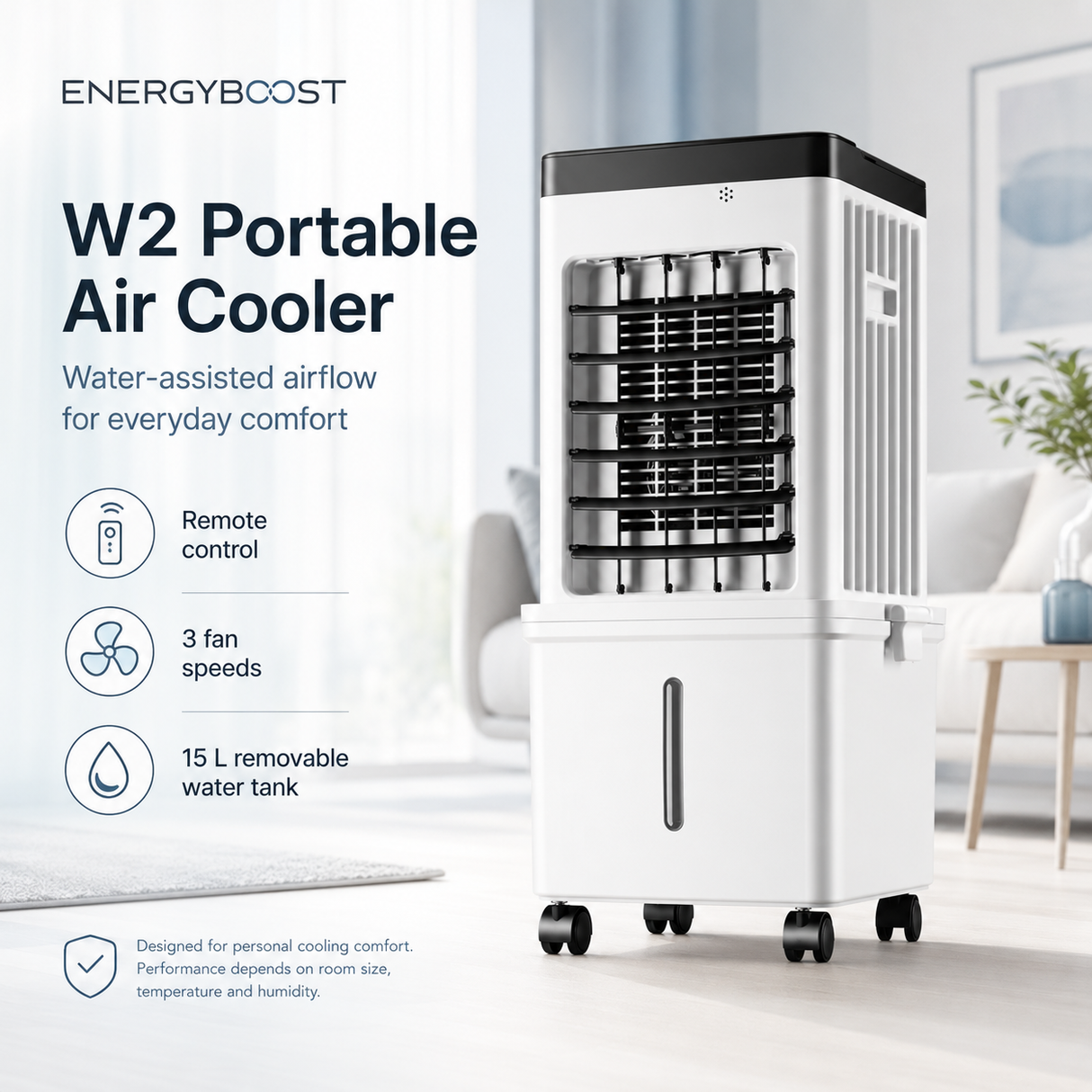 W2 Enfriador de aire portátil | Refrigeración por agua, depósito de 15 L, flujo de aire de 90°, mando a distancia