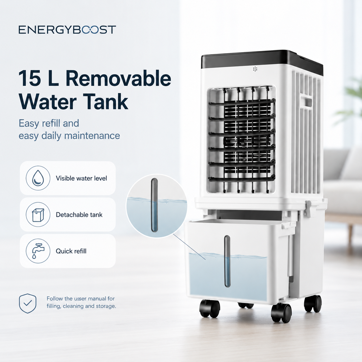 W2 Enfriador de aire portátil | Refrigeración por agua, depósito de 15 L, flujo de aire de 90°, mando a distancia