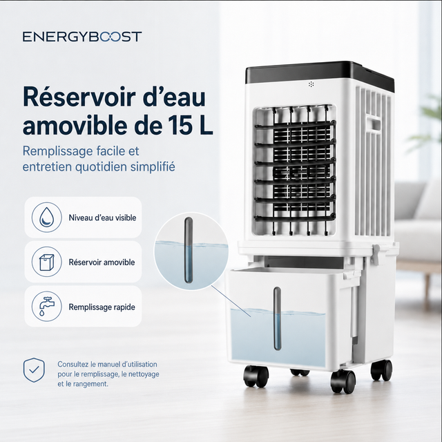 Rafraîchisseur d’air portable W2 | Réservoir 15 L, flux d’air à 90°, télécommande
