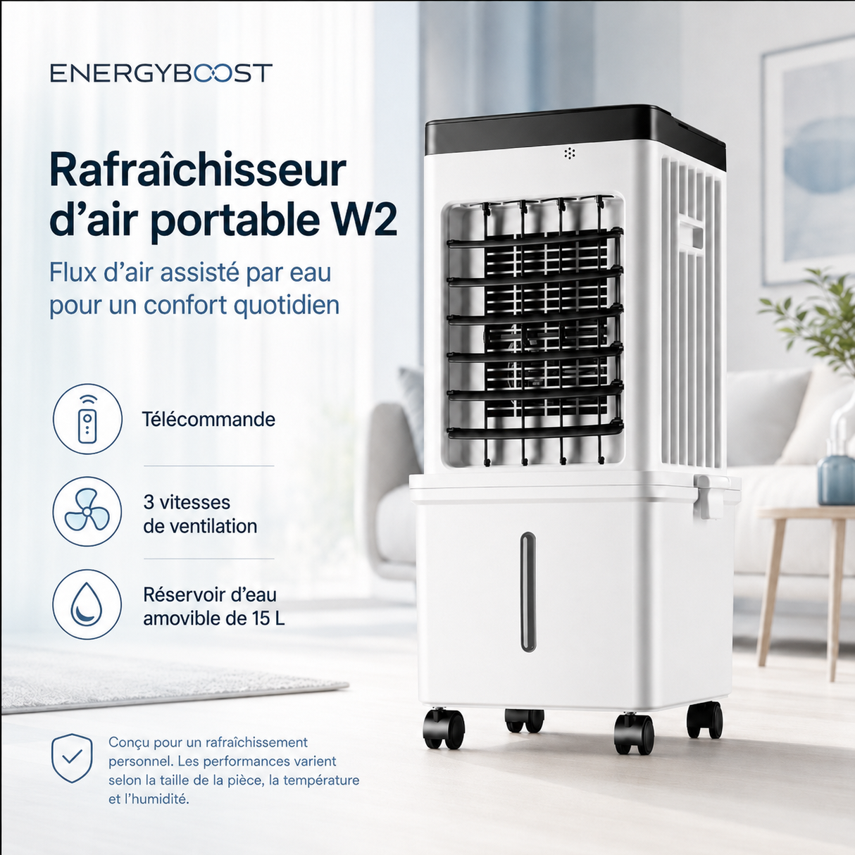 Rafraîchisseur d’air portable W2 | Réservoir 15 L, flux d’air à 90°, télécommande