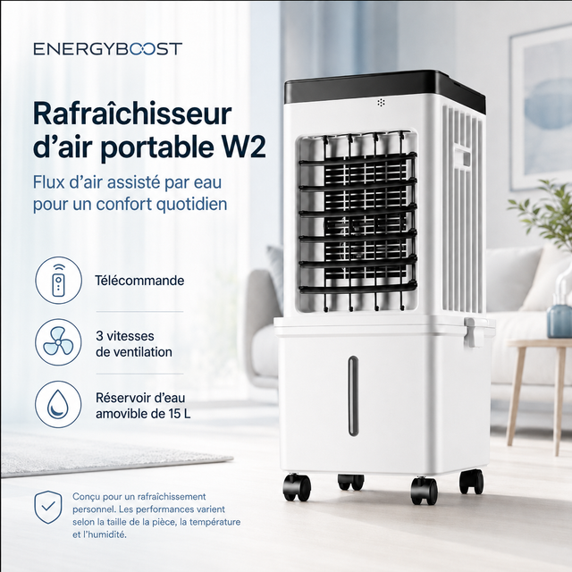 Rafraîchisseur d’air portable W2 | Réservoir 15 L, flux d’air à 90°, télécommande