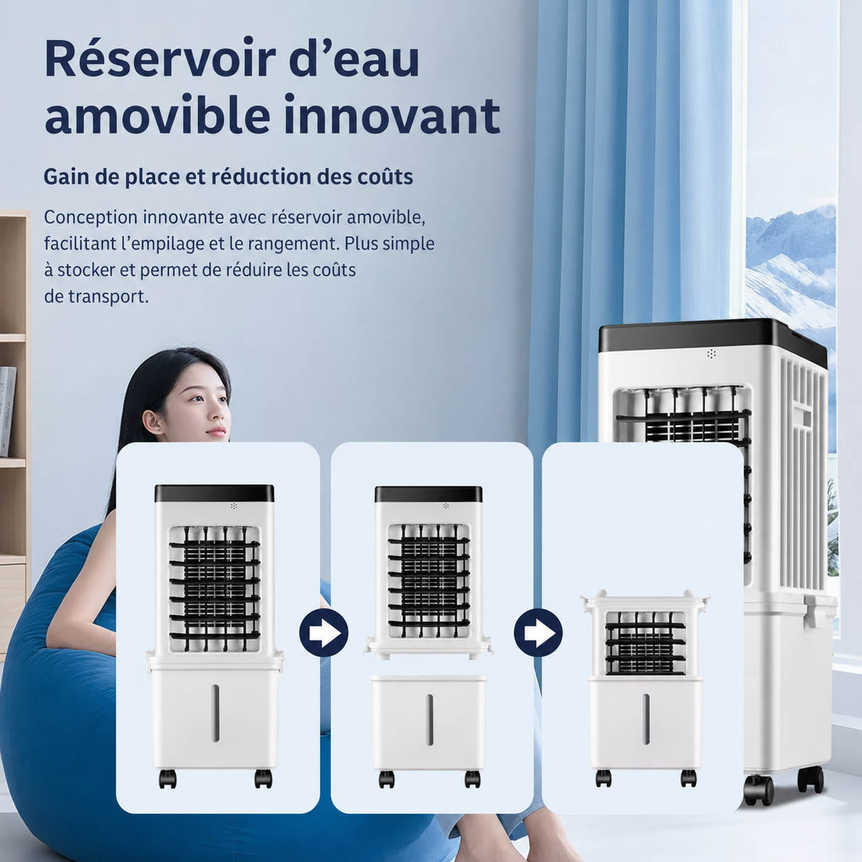 Rafraîchisseur d’air portable W2 | Réservoir 15 L, flux d’air à 90°, télécommande